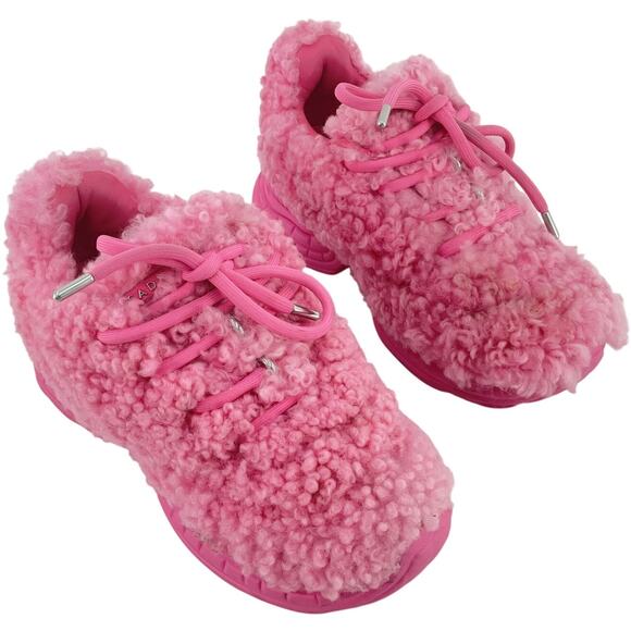 Sadi Studios Pop Pink Leather Shearling Fur Sneakers Women’s Size 11 Preowned - Picture 1 of 8